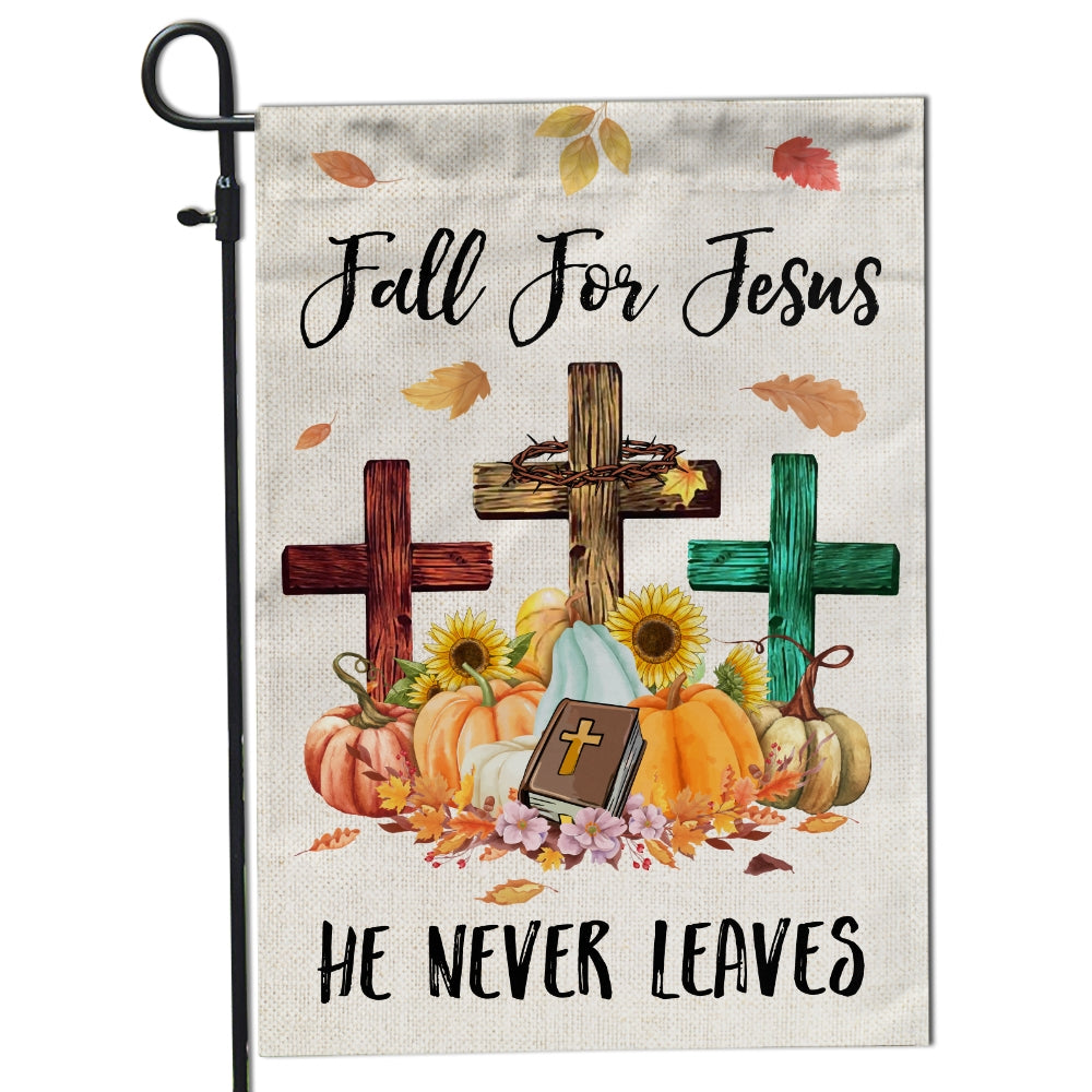Fall For Jesus Pumpkin Flag Vertical He Never leaves Maple Leaf Bible Mini Autumn Harvest Thanksgiving Holiday | siriusteestore