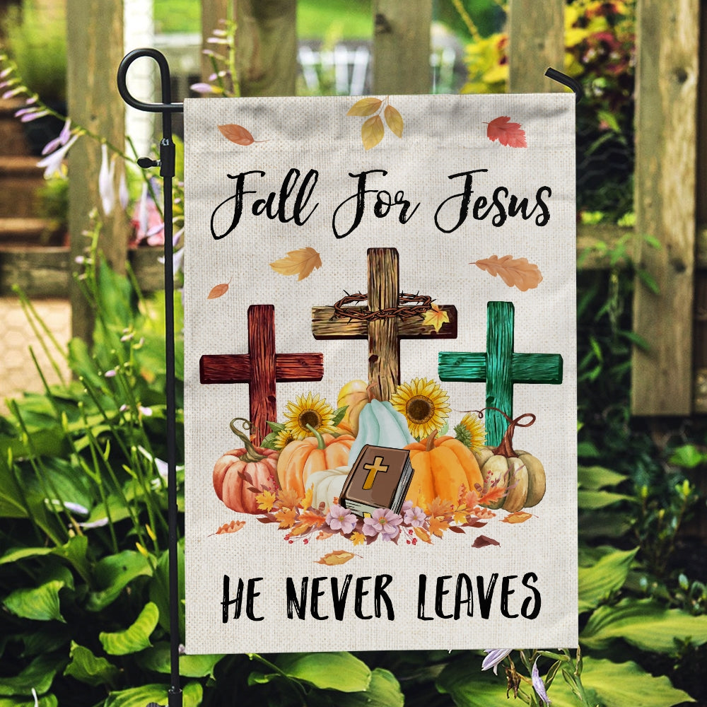 Fall For Jesus Pumpkin Flag Vertical He Never leaves Maple Leaf Bible Mini Autumn Harvest Thanksgiving Holiday | siriusteestore