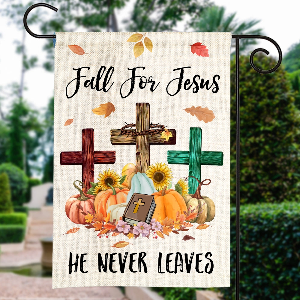 Fall For Jesus Pumpkin Flag Vertical He Never leaves Maple Leaf Bible Mini Autumn Harvest Thanksgiving Holiday | siriusteestore
