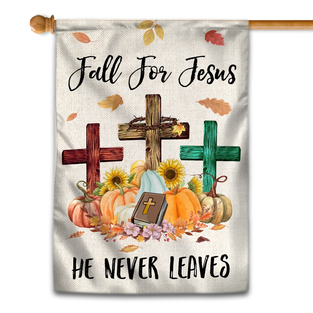 Fall For Jesus Pumpkin Flag Vertical He Never leaves Maple Leaf Bible Mini Autumn Harvest Thanksgiving Holiday | siriusteestore