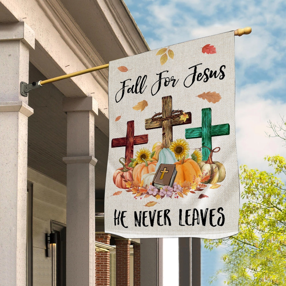 Fall For Jesus Pumpkin Flag Vertical He Never leaves Maple Leaf Bible Mini Autumn Harvest Thanksgiving Holiday | siriusteestore