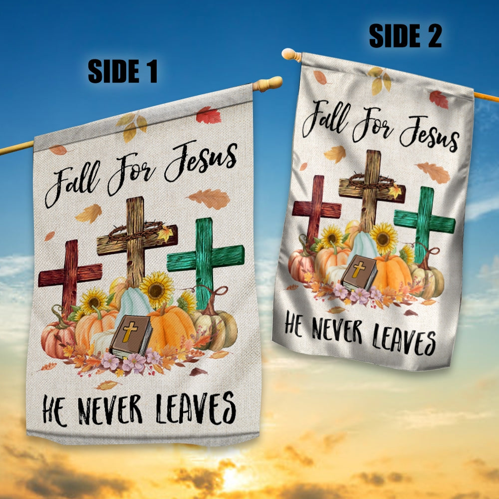 Fall For Jesus Pumpkin Flag Vertical He Never leaves Maple Leaf Bible Mini Autumn Harvest Thanksgiving Holiday | siriusteestore