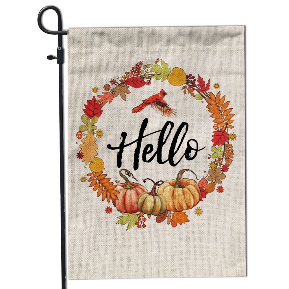 Fall Pumpkin Thanksgiving Day Hello Welcome Flag Wreath | siriusteestore