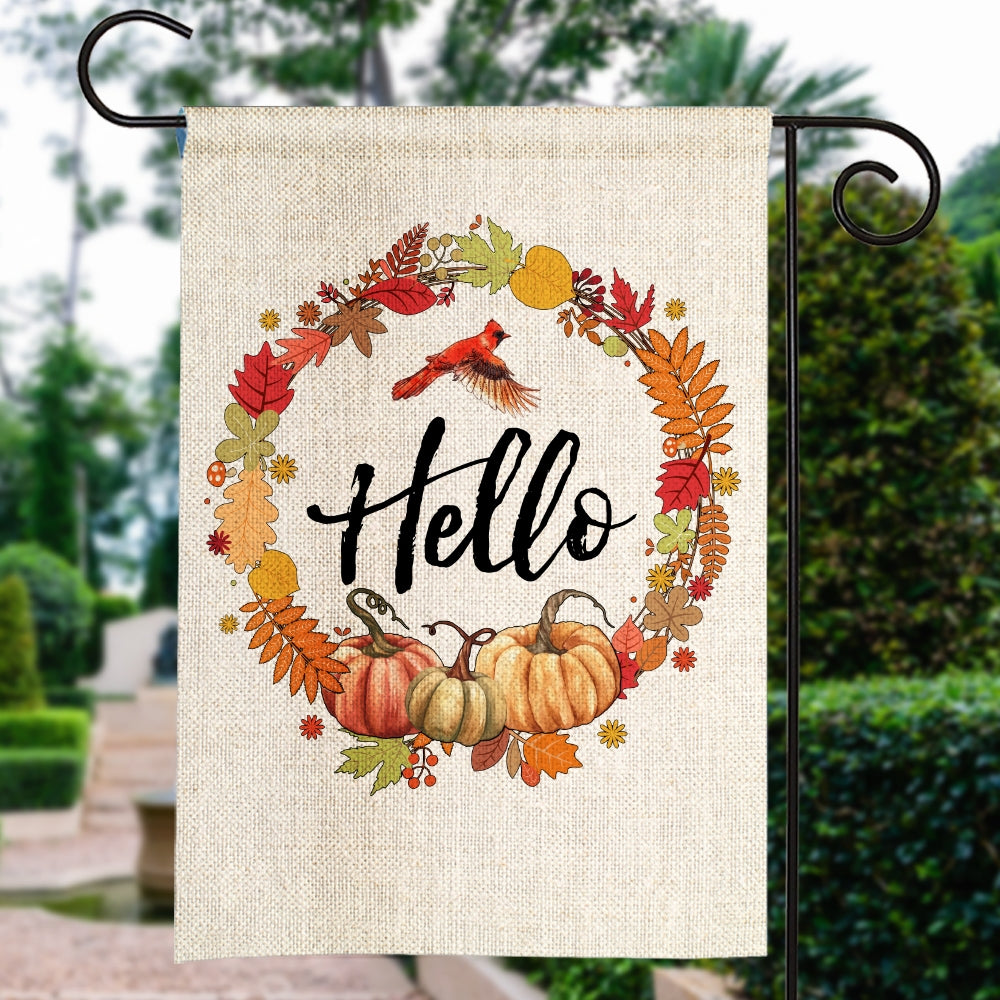 Fall Pumpkin Thanksgiving Day Hello Welcome Flag Wreath | siriusteestore