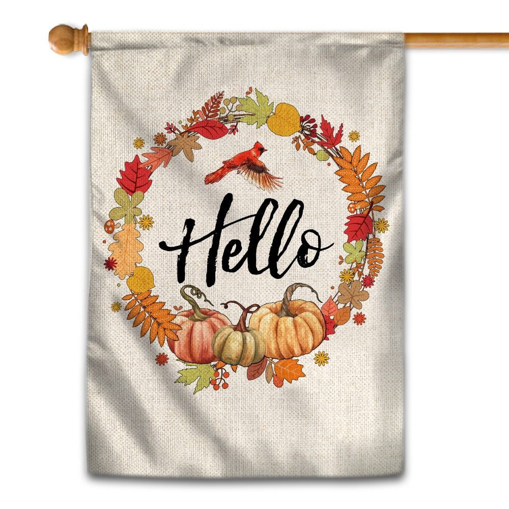 Fall Pumpkin Thanksgiving Day Hello Welcome Flag Wreath | siriusteestore