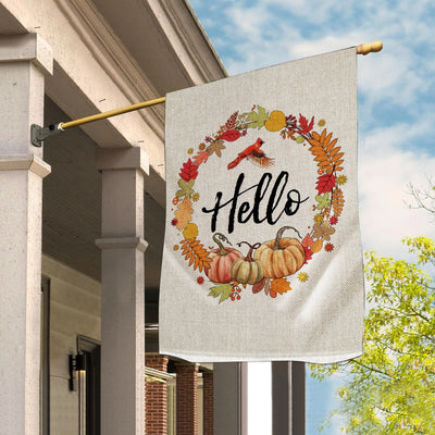 Fall Pumpkin Thanksgiving Day Hello Welcome Flag Wreath | siriusteestore