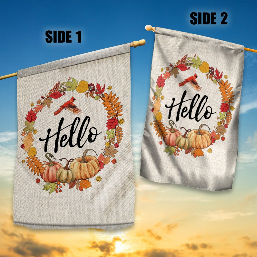 Fall Pumpkin Thanksgiving Day Hello Welcome Flag Wreath | siriusteestore