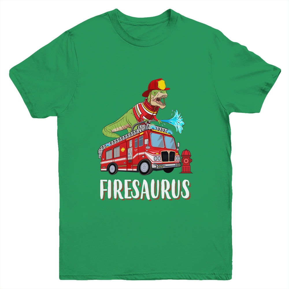 Fire Fighter Saurus Firetruck Fireman Dinosaur T Rex Youth Shirt | siriusteestore