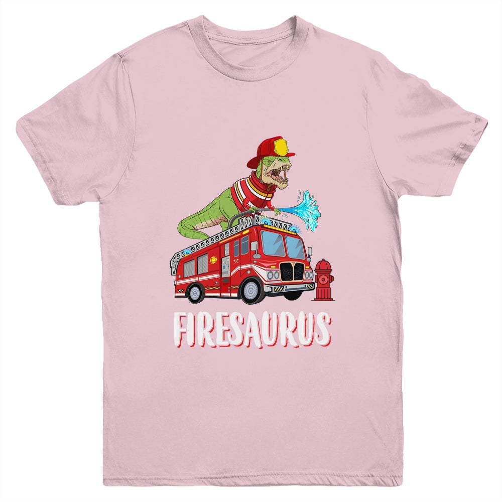 Fire Fighter Saurus Firetruck Fireman Dinosaur T Rex Youth Shirt | siriusteestore