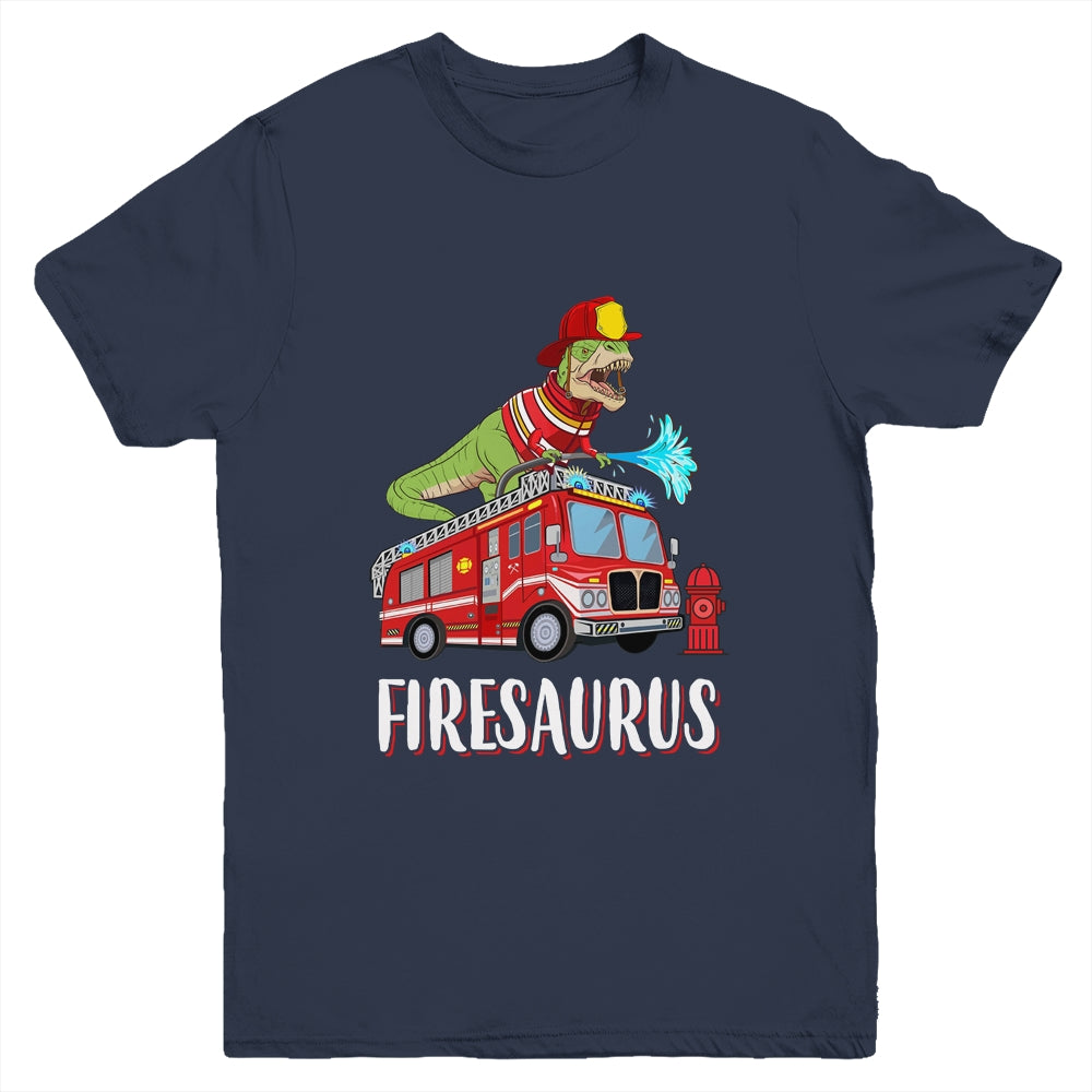 Fire Fighter Saurus Firetruck Fireman Dinosaur T Rex Youth Shirt | siriusteestore