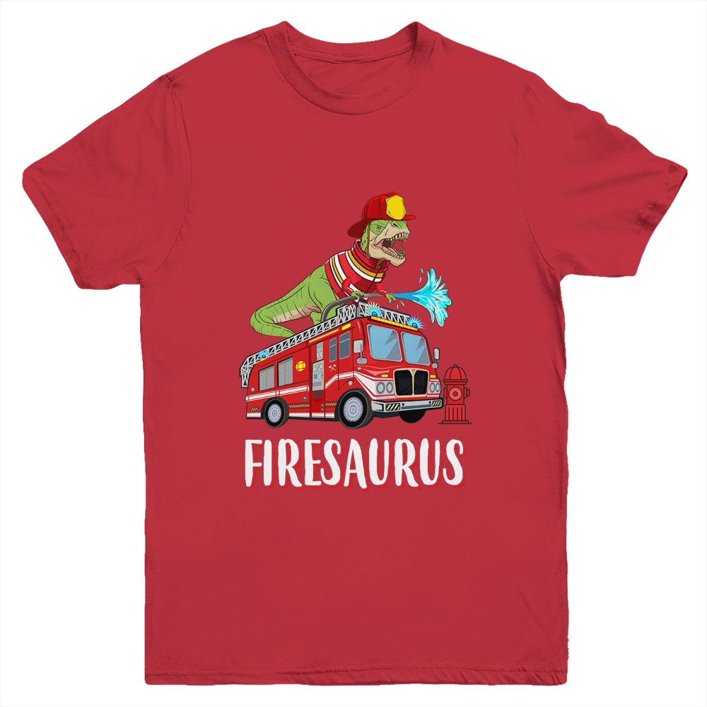 Fire Fighter Saurus Firetruck Fireman Dinosaur T Rex Youth Shirt | siriusteestore