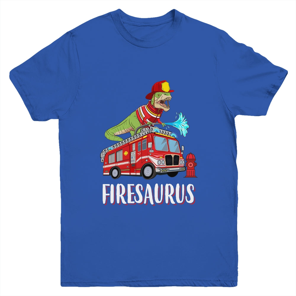 Fire Fighter Saurus Firetruck Fireman Dinosaur T Rex Youth Shirt | siriusteestore
