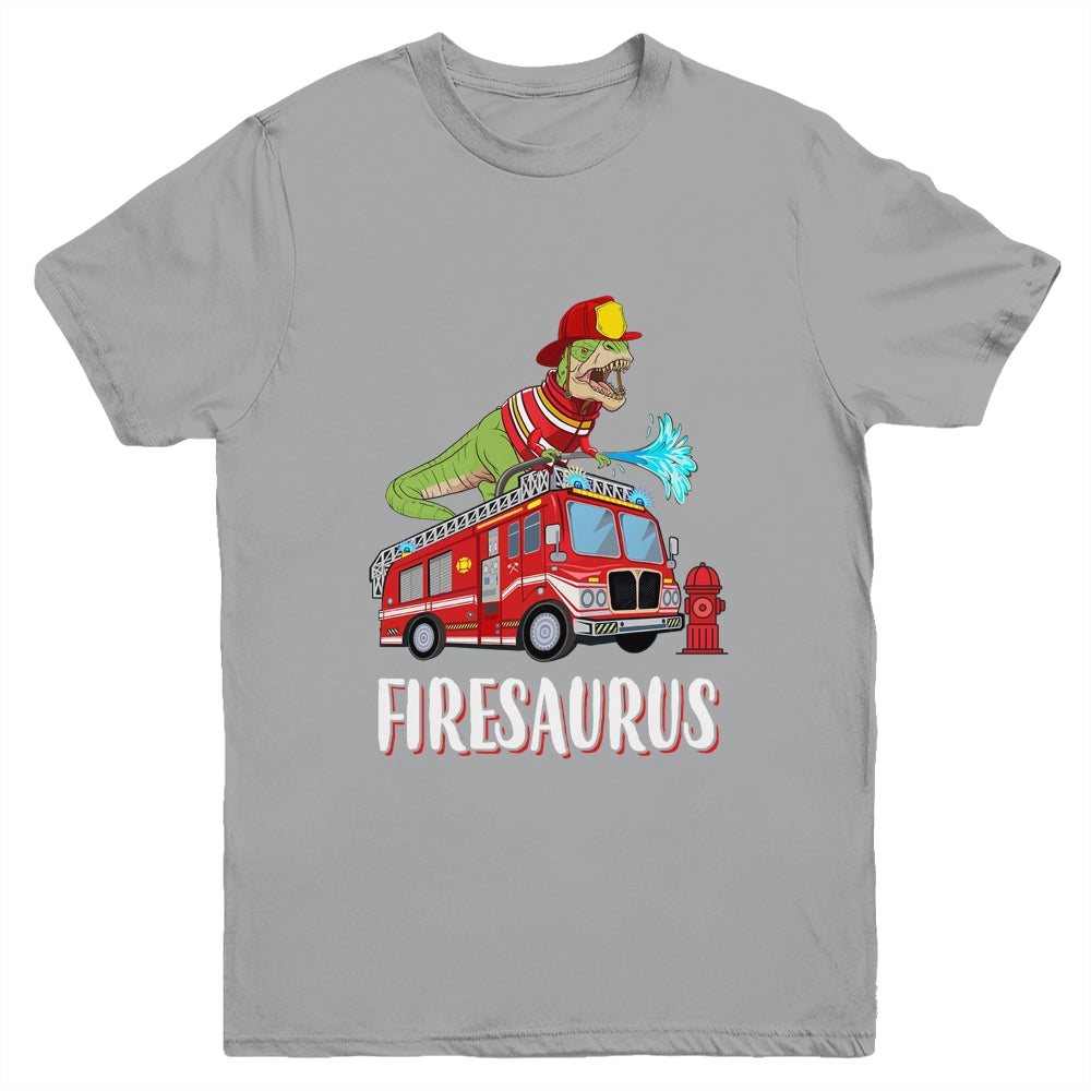 Fire Fighter Saurus Firetruck Fireman Dinosaur T Rex Youth Shirt | siriusteestore
