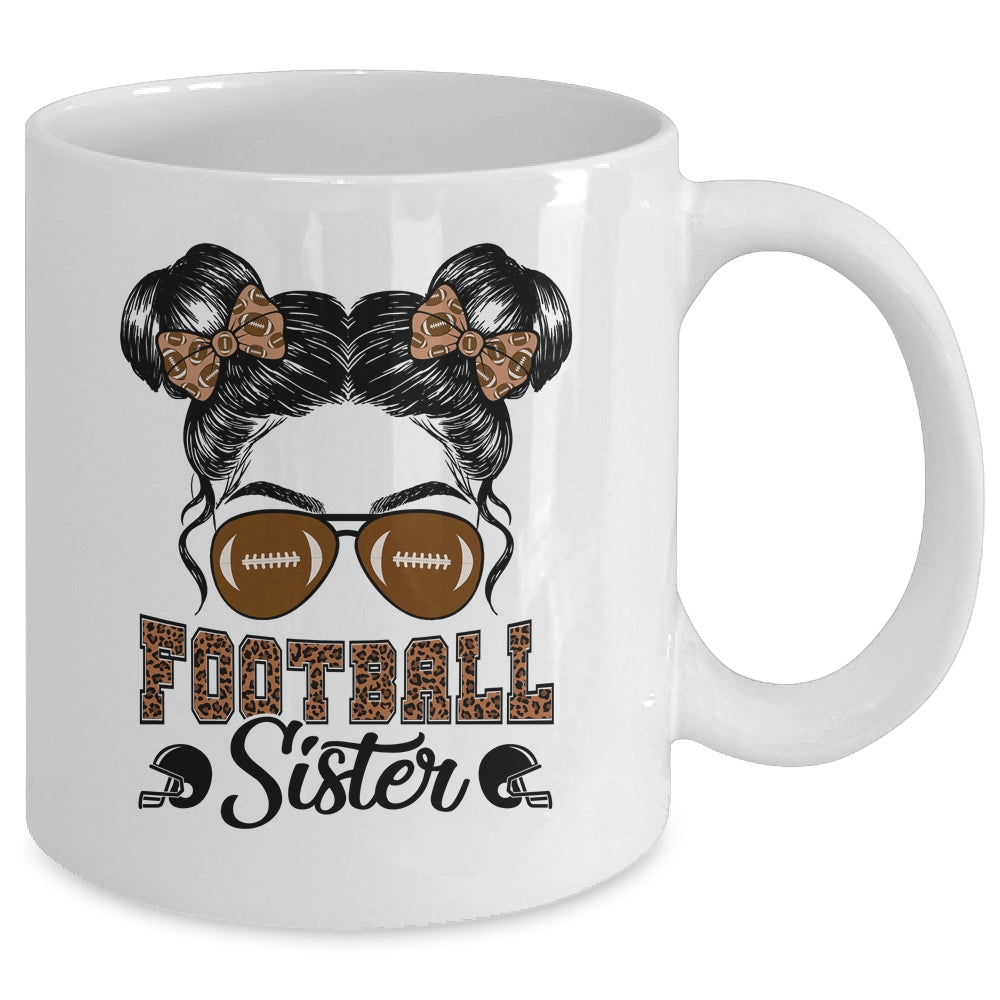 Football Sister Vintage Leopard Messy Bun Funny Football Mug | siriusteestore