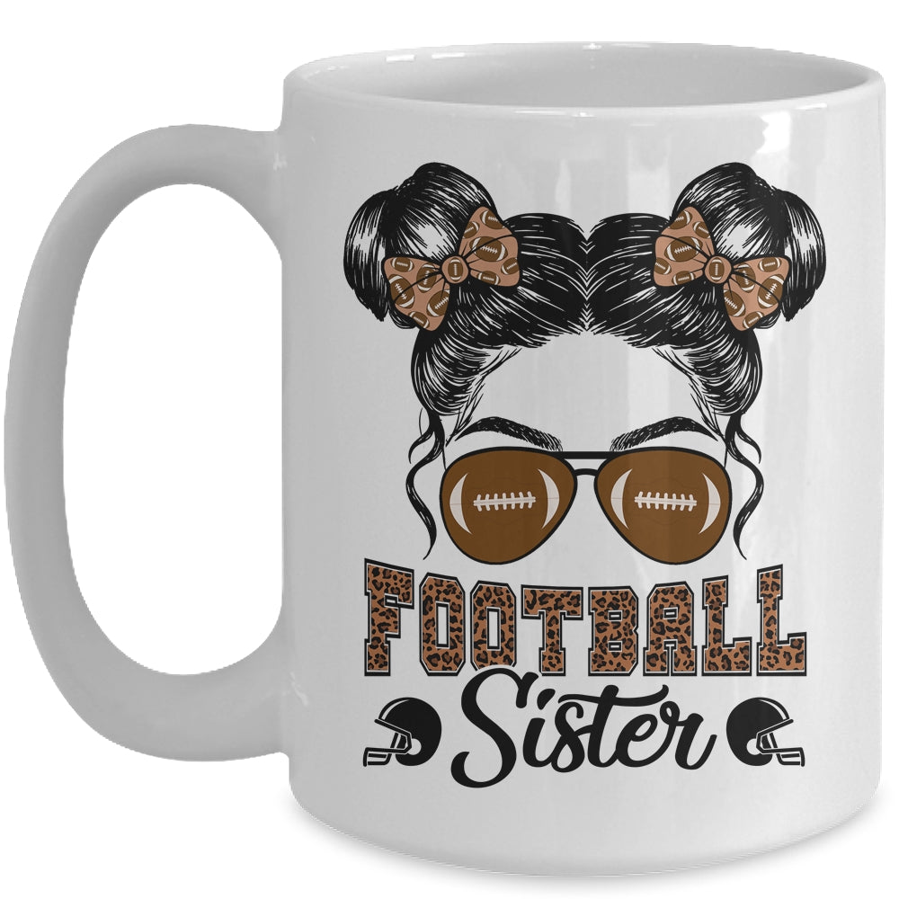 Football Sister Vintage Leopard Messy Bun Funny Football Mug | siriusteestore