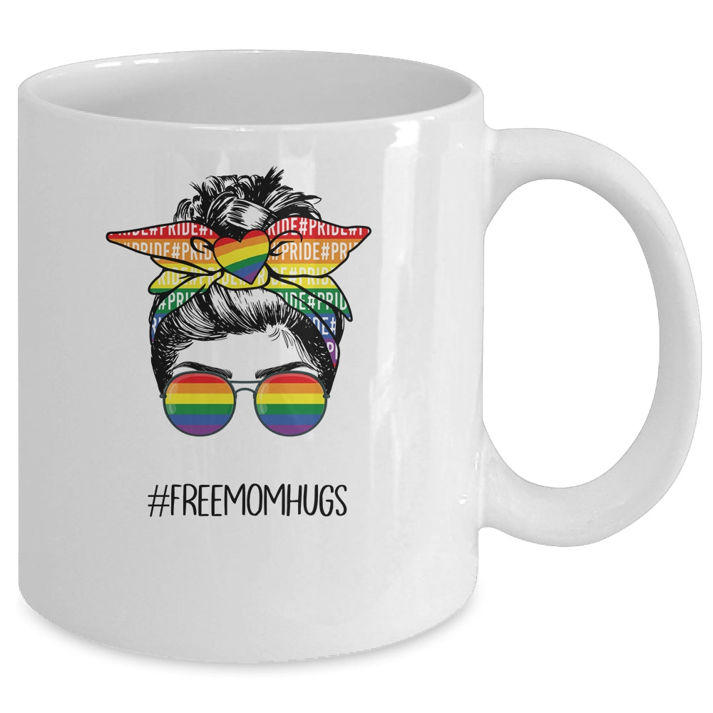 Free Mom Hugs Messy Bun LGBT Pride Rainbow Mug | siriusteestore