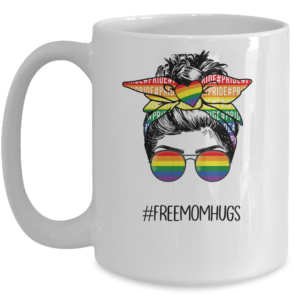 Free Mom Hugs Messy Bun LGBT Pride Rainbow Mug | siriusteestore