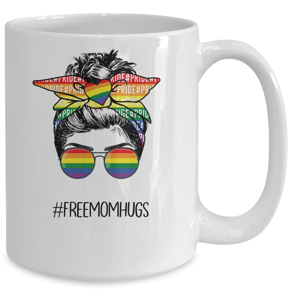 Free Mom Hugs Messy Bun LGBT Pride Rainbow Mug | siriusteestore