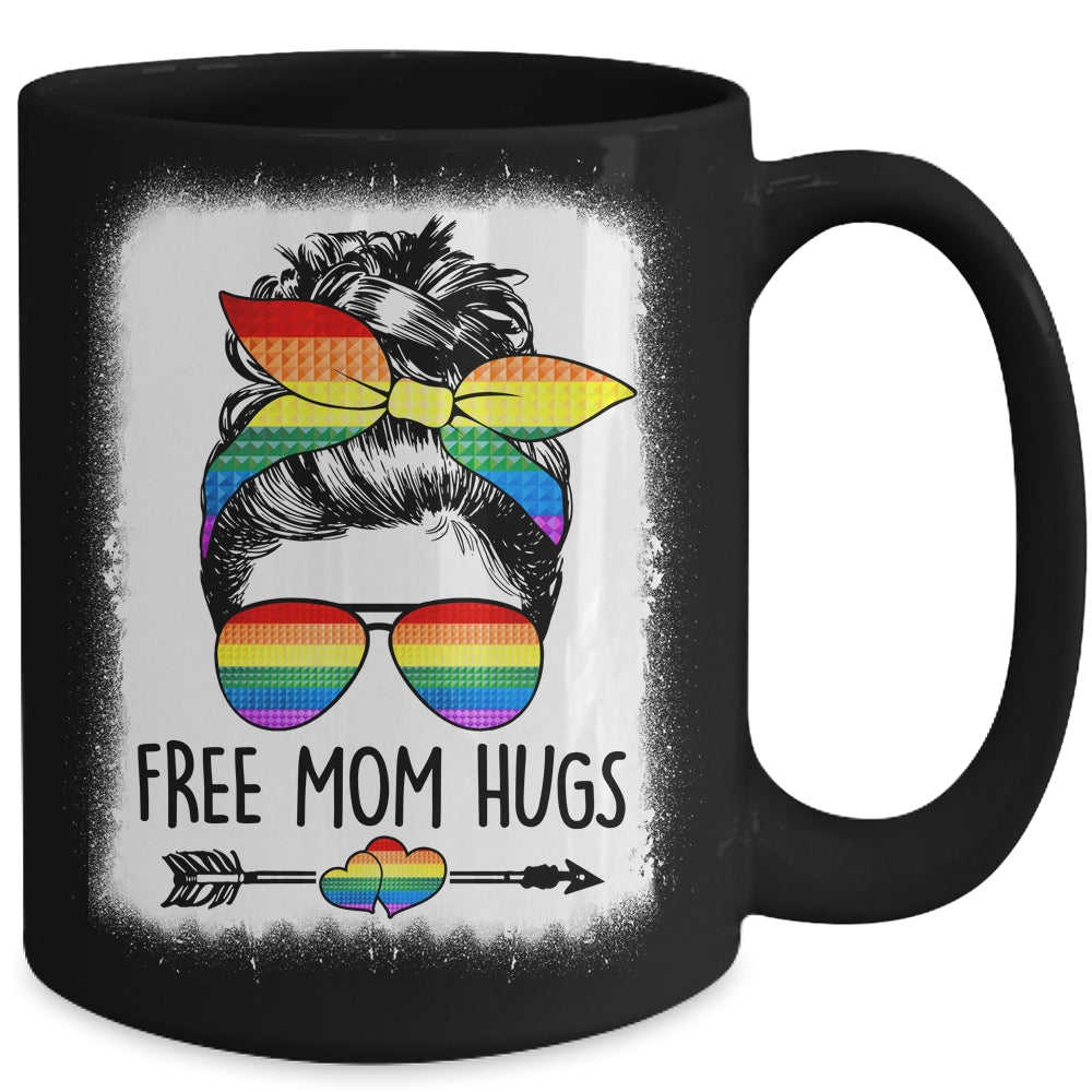Free Mom Hugs Messy Bun Rainbow LGBT Gay Pride LGBTQ Rainbow Mug | siriusteestore