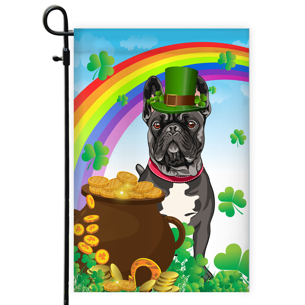 French Bulldog St Patrick's Day Dog Flag Funny Peeking Dog Wear Green Hat Golden Pot Coin Shamrock Rainbow Spring Banner for Home Decor | siriusteestore