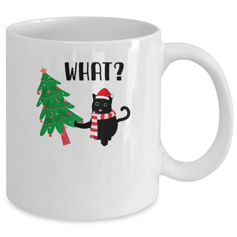 Funny Black Cat Gift Pushing Christmas Tree Over Cat What? Mug | siriusteestore