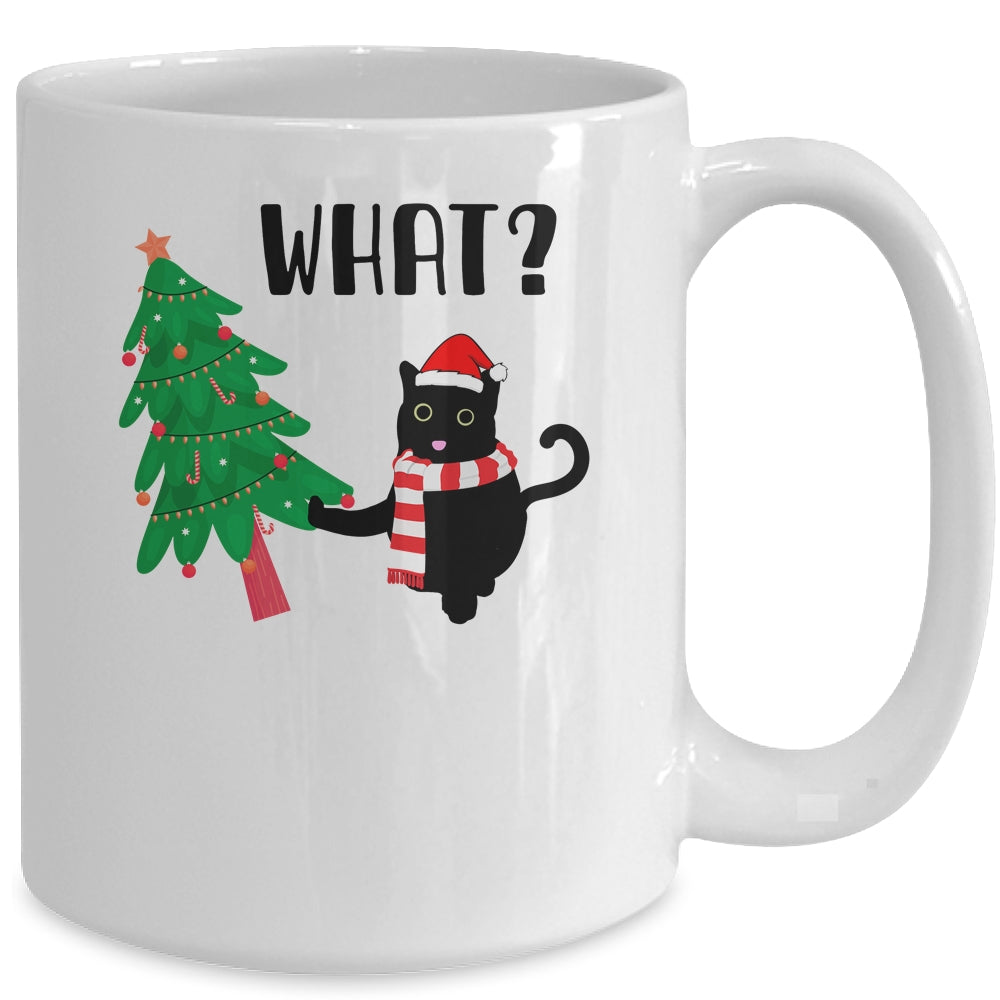 Funny Black Cat Gift Pushing Christmas Tree Over Cat What? Mug | siriusteestore