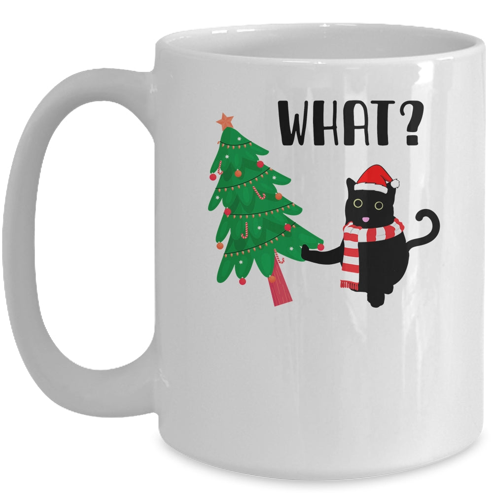 Funny Black Cat Gift Pushing Christmas Tree Over Cat What? Mug | siriusteestore
