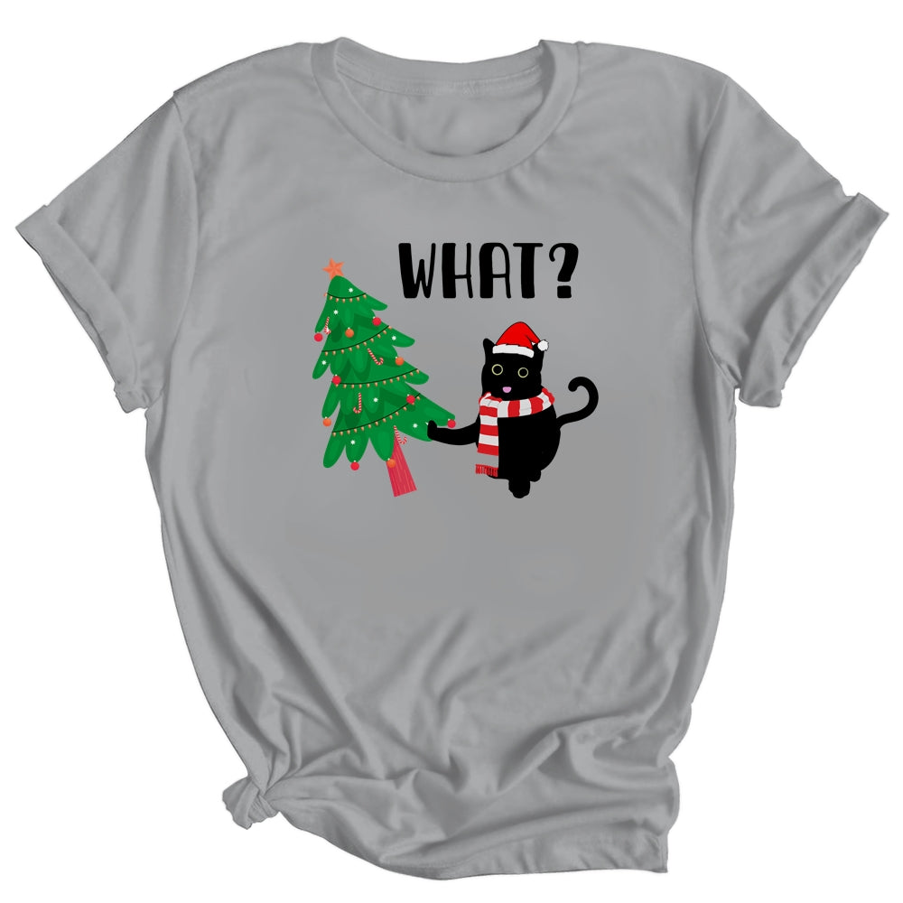 Funny Black Cat Gift Pushing Christmas Tree Over Cat What? Shirt & Sweatshirt | siriusteestore
