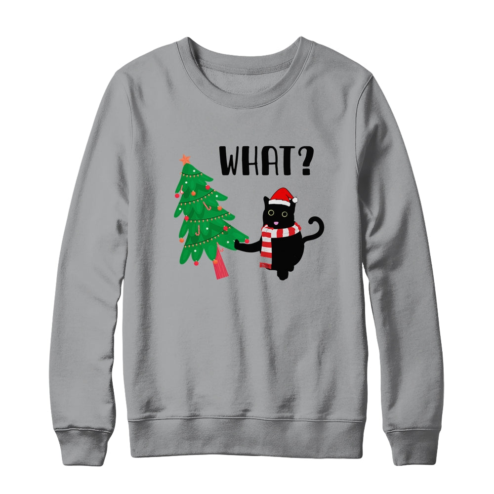 Funny Black Cat Gift Pushing Christmas Tree Over Cat What? Shirt & Sweatshirt | siriusteestore