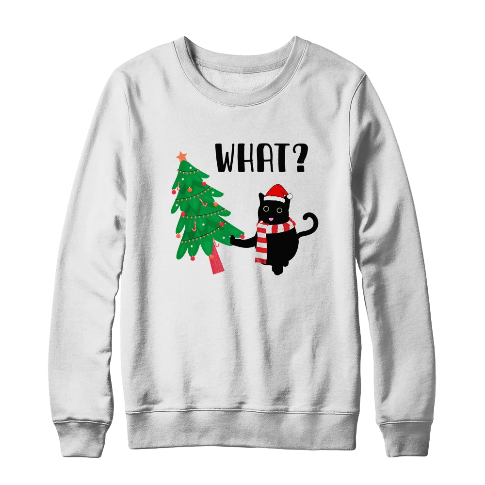 Funny Black Cat Gift Pushing Christmas Tree Over Cat What? Shirt & Sweatshirt | siriusteestore
