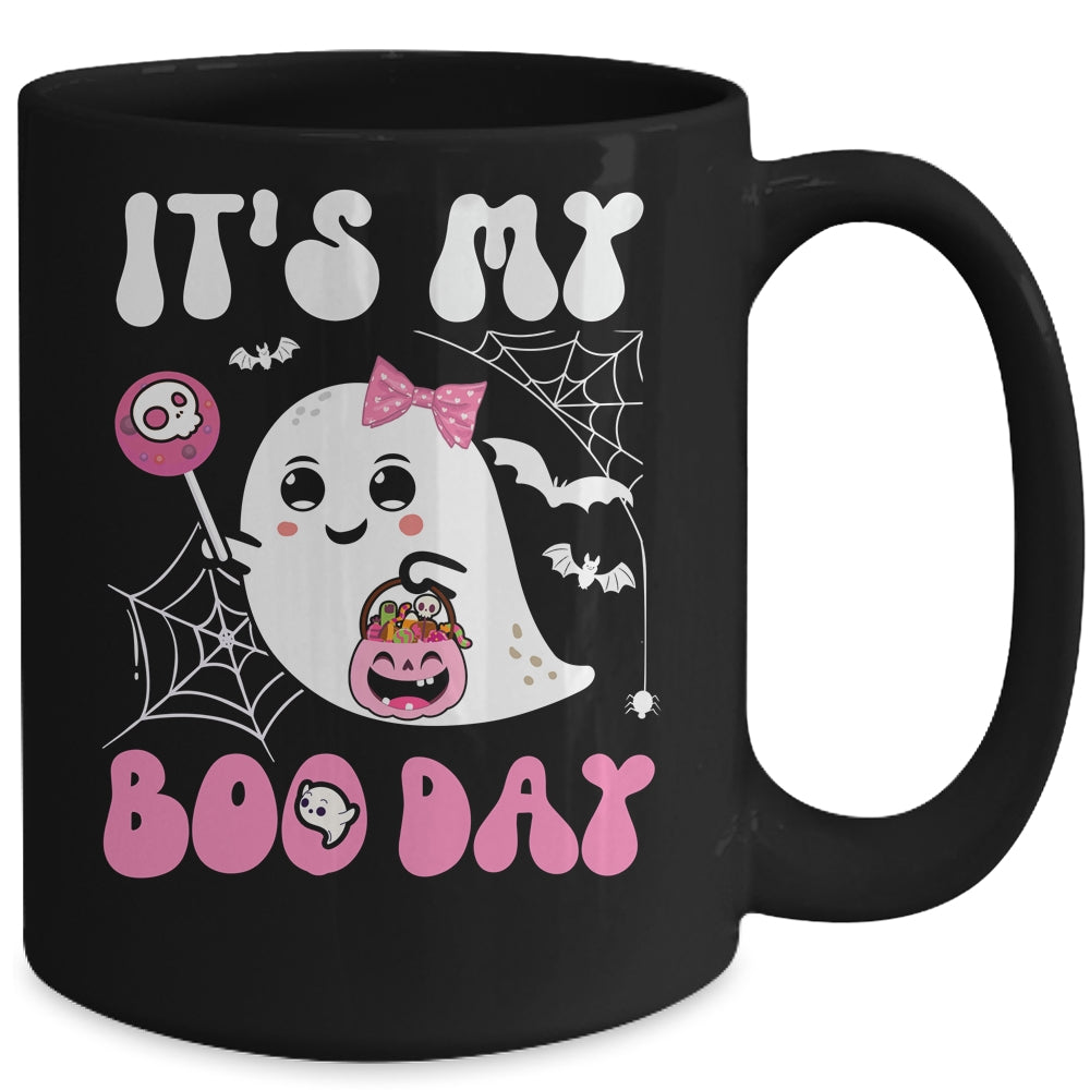 Funny Its My Boo Day Cute Halloween Birthday Ghost Pink Bow Mug | siriusteestore