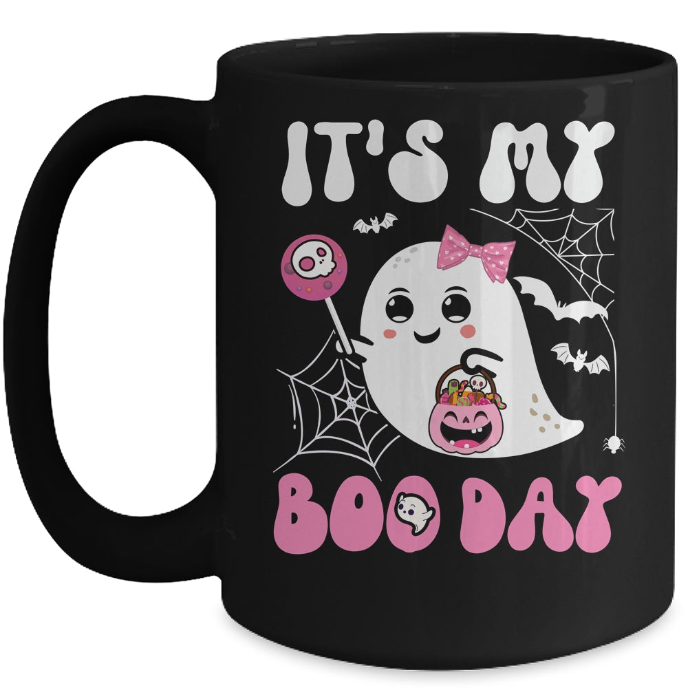 Funny Its My Boo Day Cute Halloween Birthday Ghost Pink Bow Mug | siriusteestore