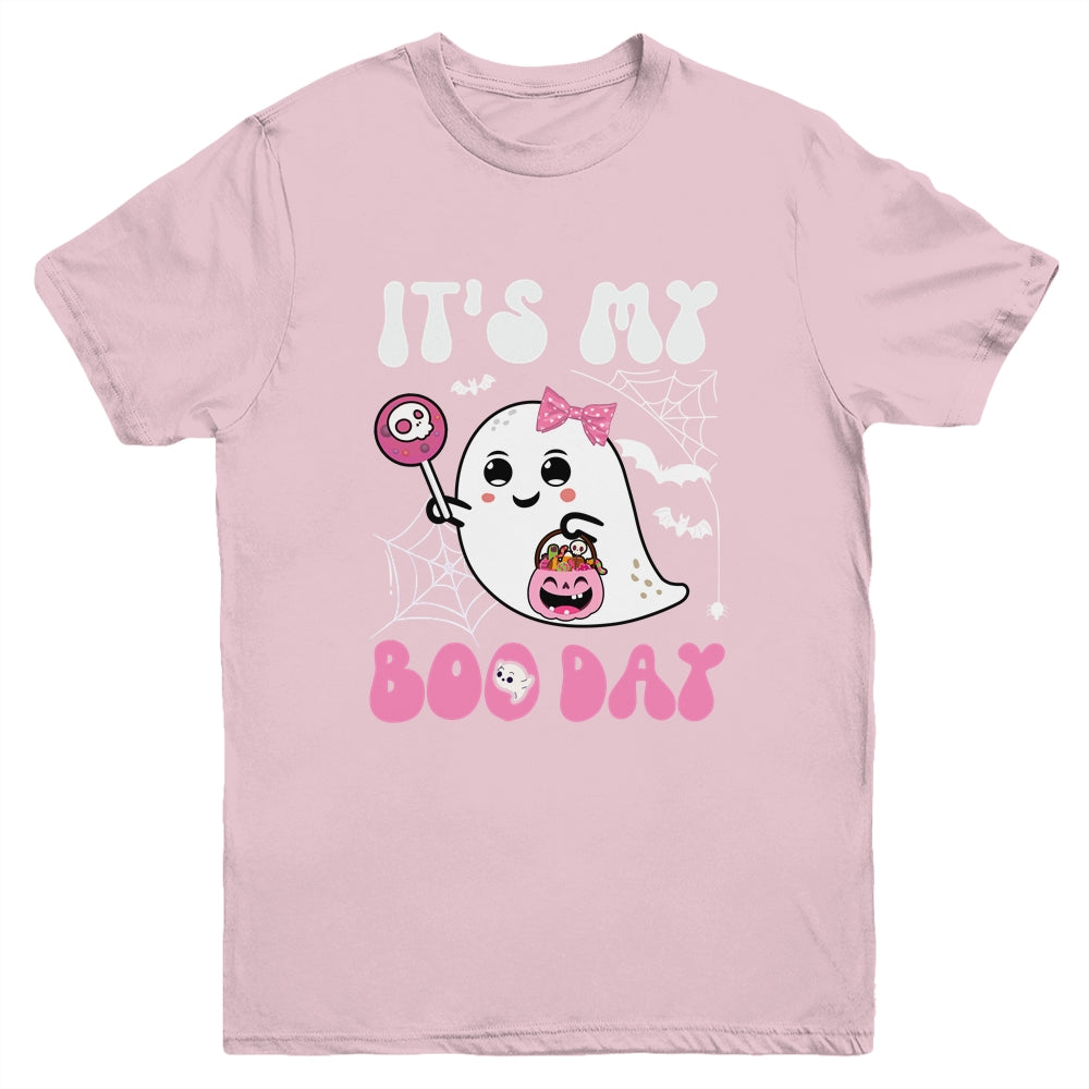 Funny Its My Boo Day Cute Halloween Birthday Ghost Pink Bow Youth Shirt | siriusteestore