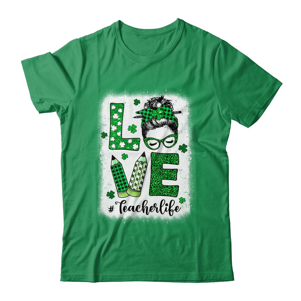 Funny Love Messy Bun Teacher Life St Patricks Day Shamrock Shirt & Hoodie | siriusteestore