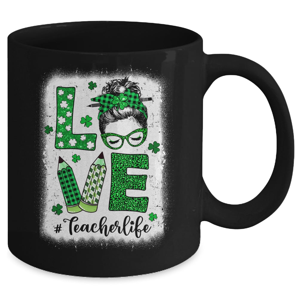 Funny Love Messy Bun Teacher Life St Patricks Day Shamrock Mug | siriusteestore