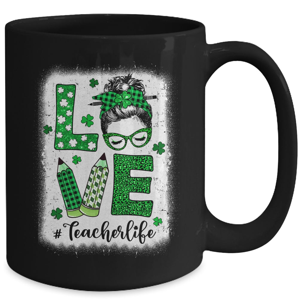 Funny Love Messy Bun Teacher Life St Patricks Day Shamrock Mug | siriusteestore