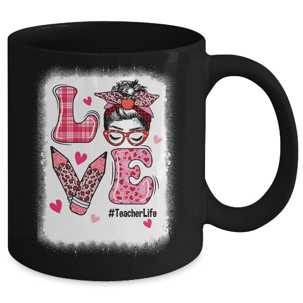 Funny Love Messy Bun Teacher Life Valentines Day Matching Mug | siriusteestore