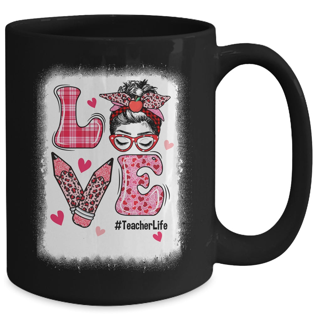 Funny Love Messy Bun Teacher Life Valentines Day Matching Mug | siriusteestore