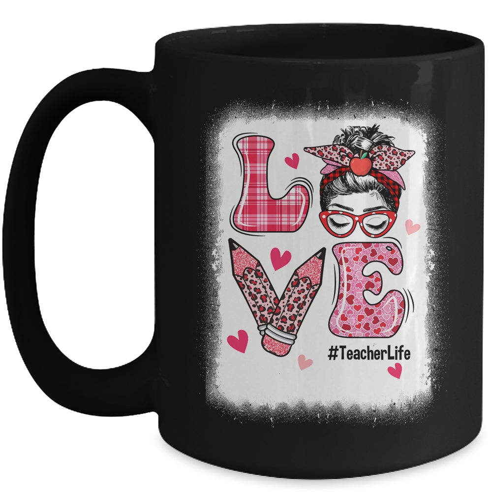 Funny Love Messy Bun Teacher Life Valentines Day Matching Mug | siriusteestore