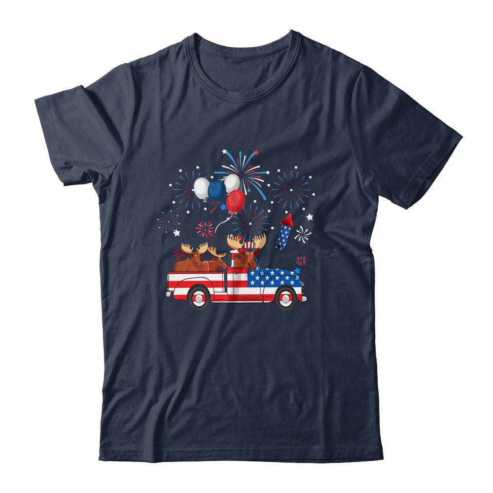 Funny Moose Riding Red Truck USA Flag Patriotic 4th Of July Shirt & Tank Top | siriusteestore
