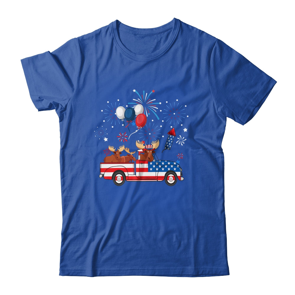 Funny Moose Riding Red Truck USA Flag Patriotic 4th Of July Shirt & Tank Top | siriusteestore