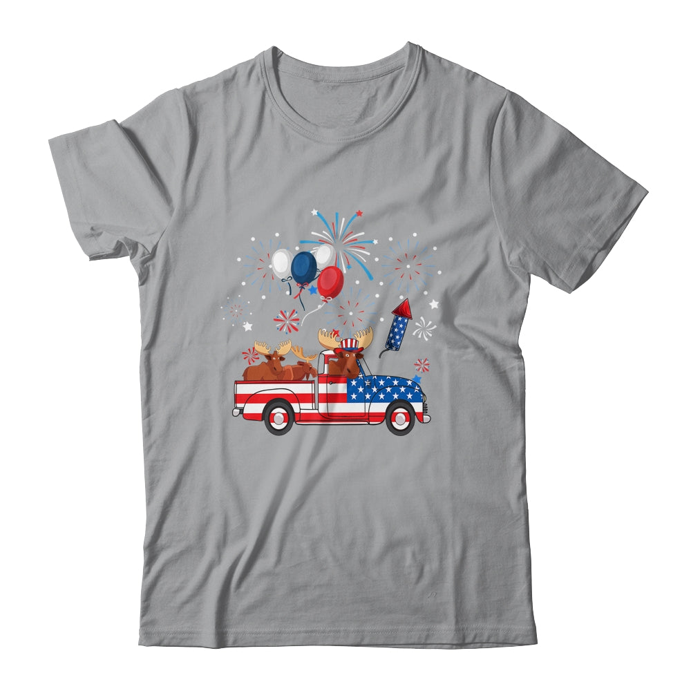 Funny Moose Riding Red Truck USA Flag Patriotic 4th Of July Shirt & Tank Top | siriusteestore