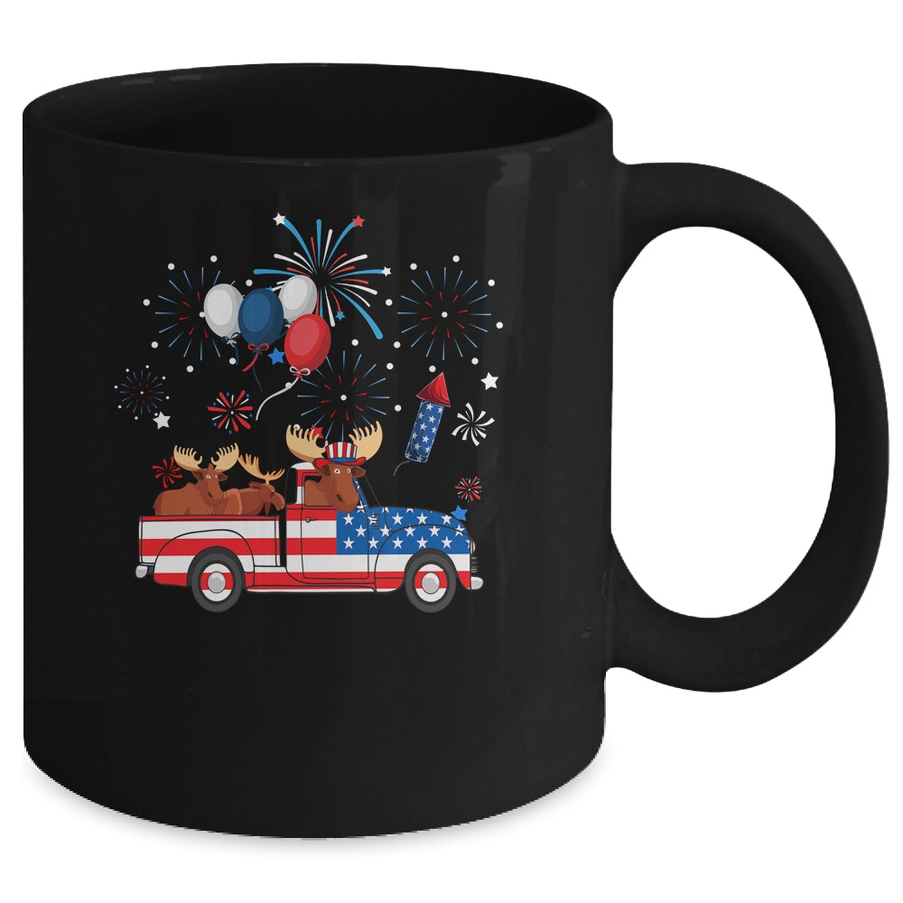 Funny Moose Riding Red Truck USA Flag Patriotic 4th Of July Mug | siriusteestore
