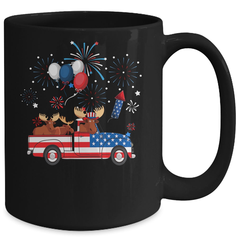 Funny Moose Riding Red Truck USA Flag Patriotic 4th Of July Mug | siriusteestore
