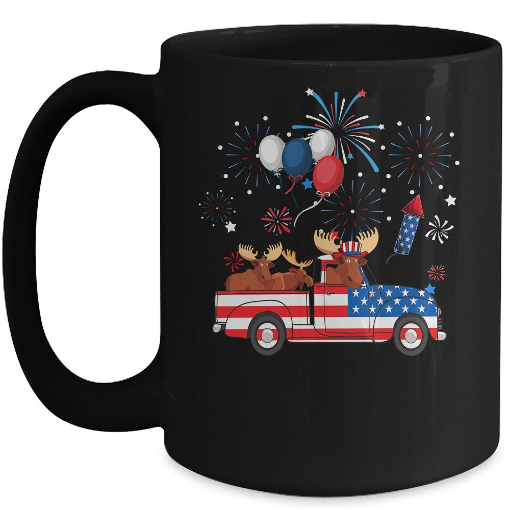 Funny Moose Riding Red Truck USA Flag Patriotic 4th Of July Mug | siriusteestore