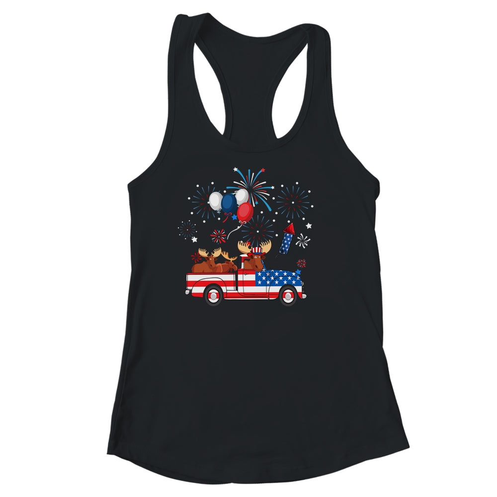 Funny Moose Riding Red Truck USA Flag Patriotic 4th Of July Shirt & Tank Top | siriusteestore