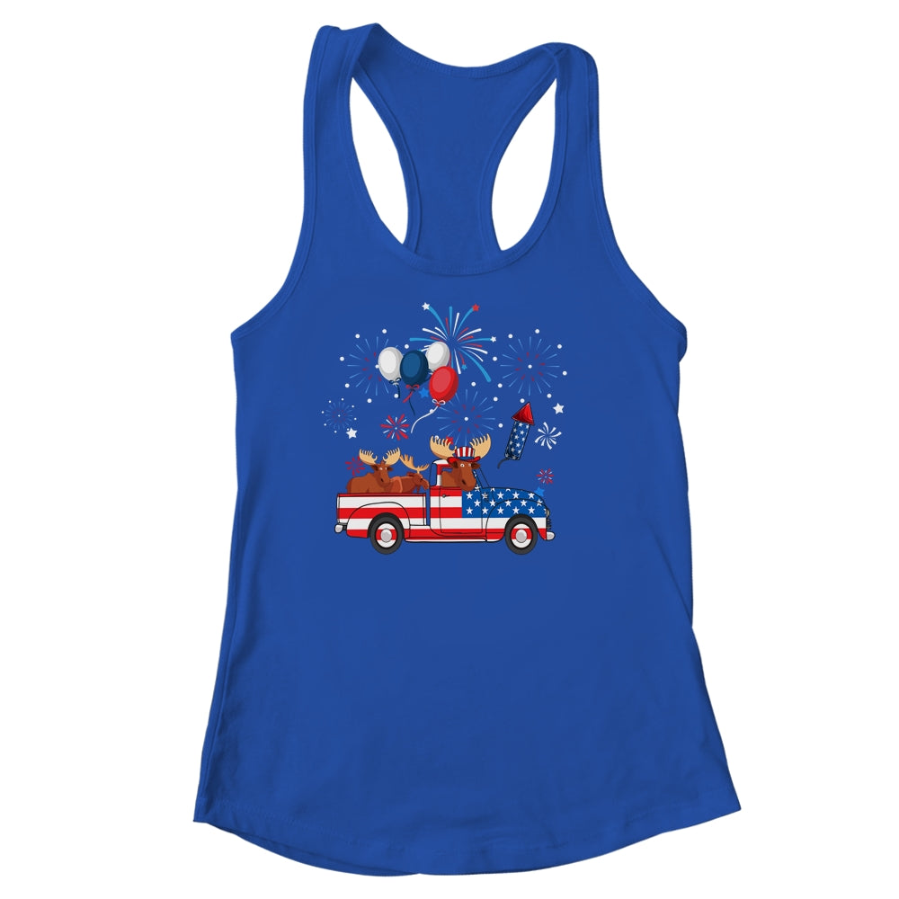 Funny Moose Riding Red Truck USA Flag Patriotic 4th Of July Shirt & Tank Top | siriusteestore