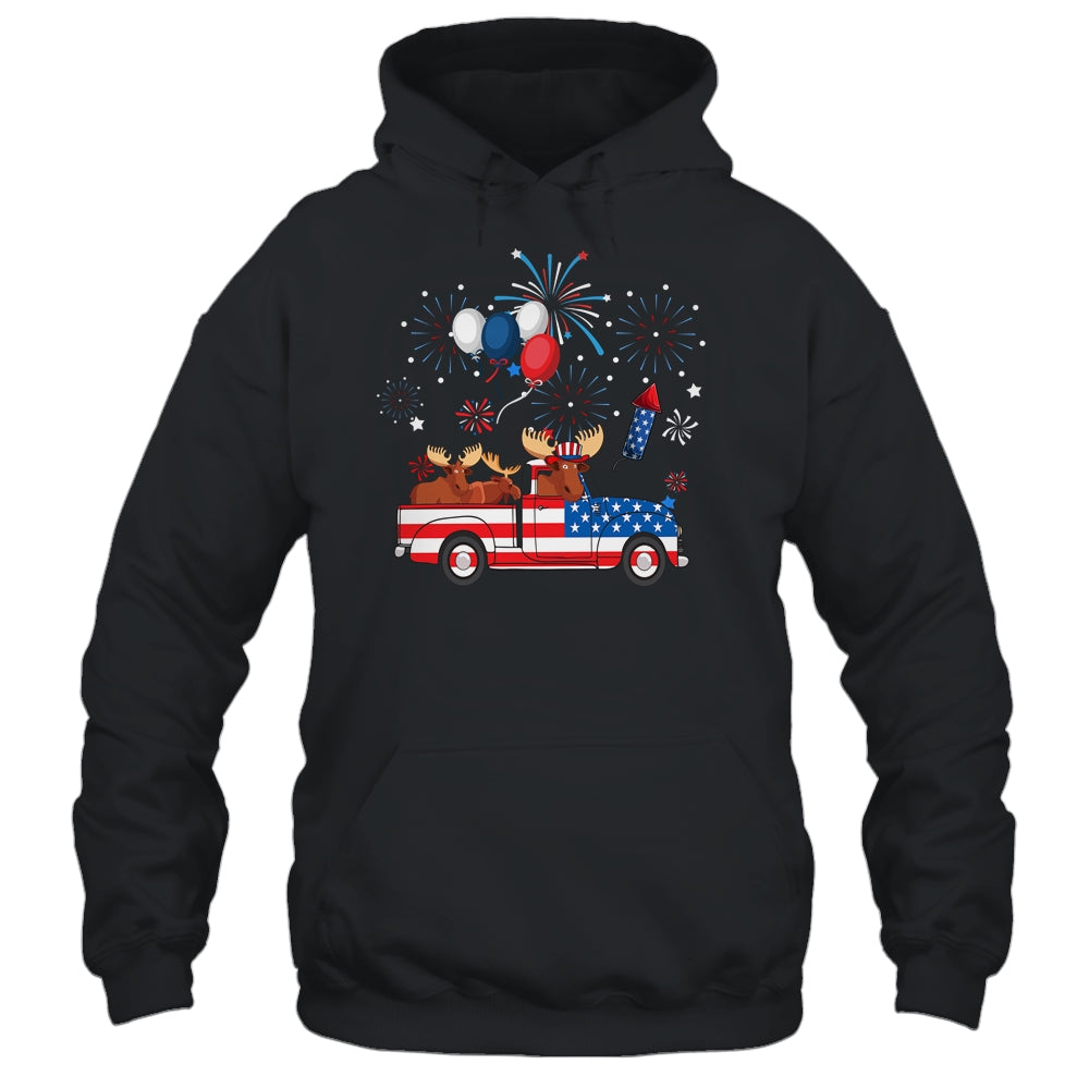 Funny Moose Riding Red Truck USA Flag Patriotic 4th Of July Shirt & Tank Top | siriusteestore