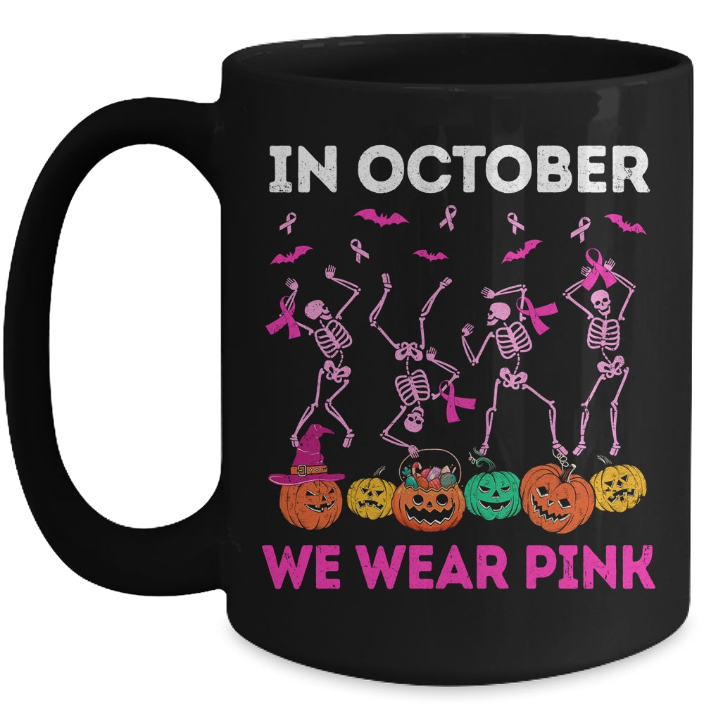 Funny Skeleton Halloween October We Wear Pink Breast Cancer Mug | siriusteestore