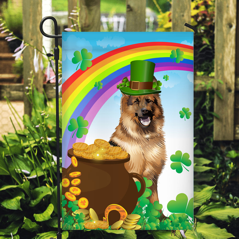 German Shepherd St Patrick's Day Dog Flag Funny Peeking Dog Wear Green Hat Golden Pot Coin Shamrock Rainbow Spring Banner for Home Decor | siriusteestore